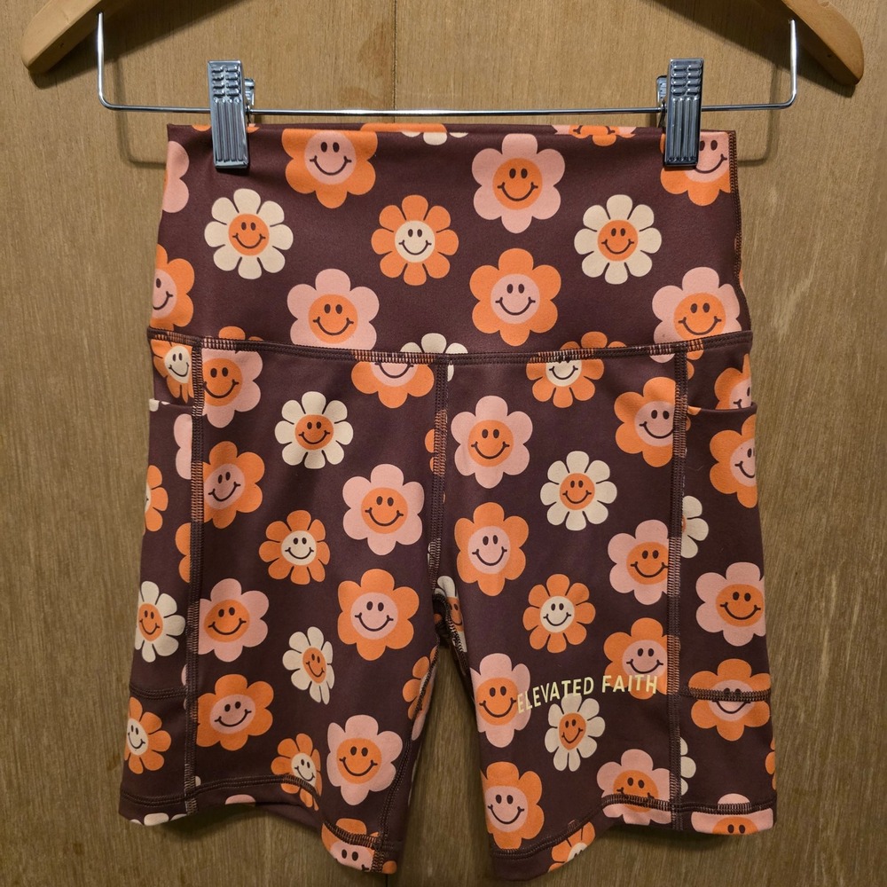 Elevated Faith Biker Shorts Womens S Brown Floral Smiley Face High Rise Pockets